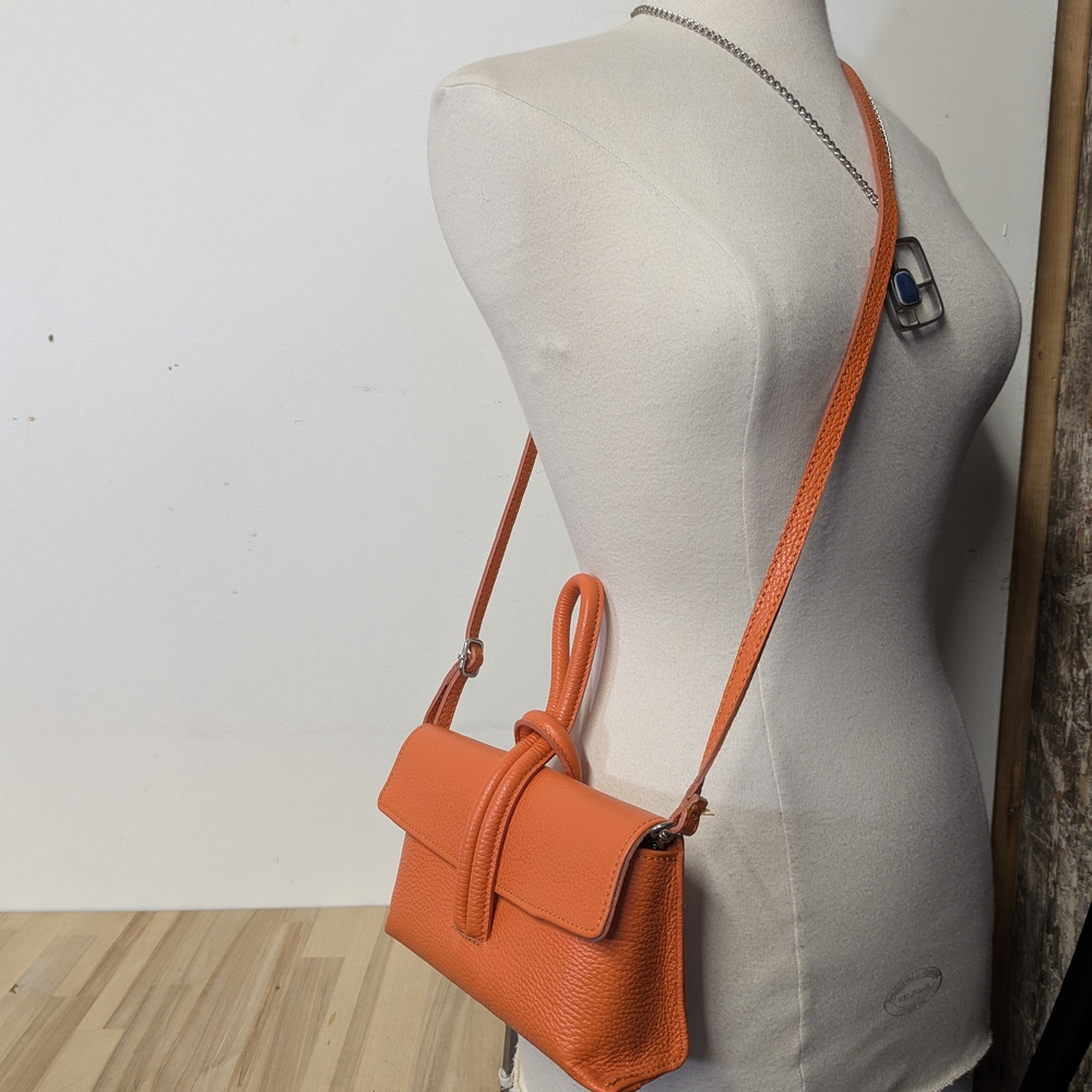 Italian Leather Vibrant Orange Small Crossbody Bag Convertible Maximalist - Picture 5 of 11